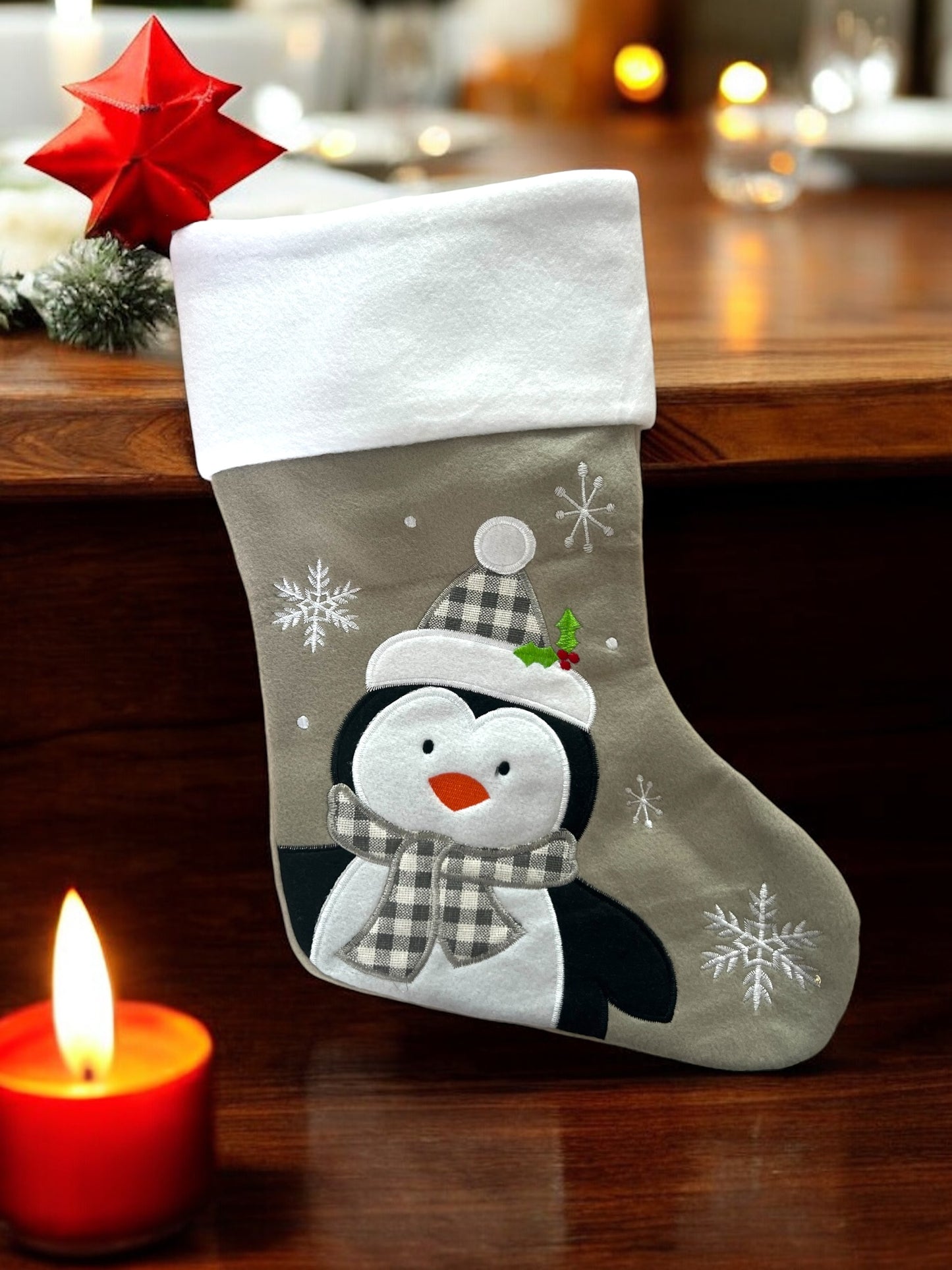 Chaussette de Noël Pingouin grise claire